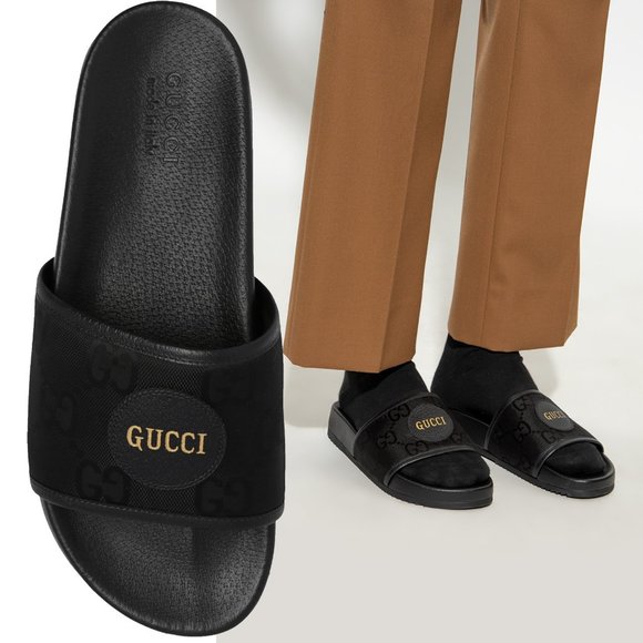 GUCCI SHOES MENS SLIDES OFF THE GRID BLACK LEATHER AND NYLON GG LOGO - Picture 1 of 16